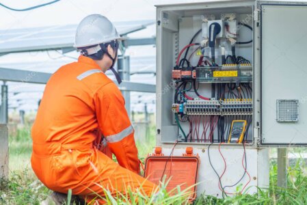 Técnico eléctrico revisando tablero industrial con equipo de seguridad